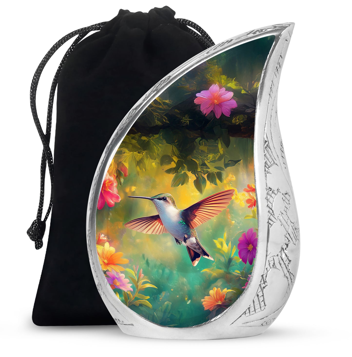 Obsidian Black Hummingbird Cremation Urn front view showing detailed design - graceful tear-shaped urn with hummingbird motif - full-size 10 inch 200 cubic inch adult cremation urn