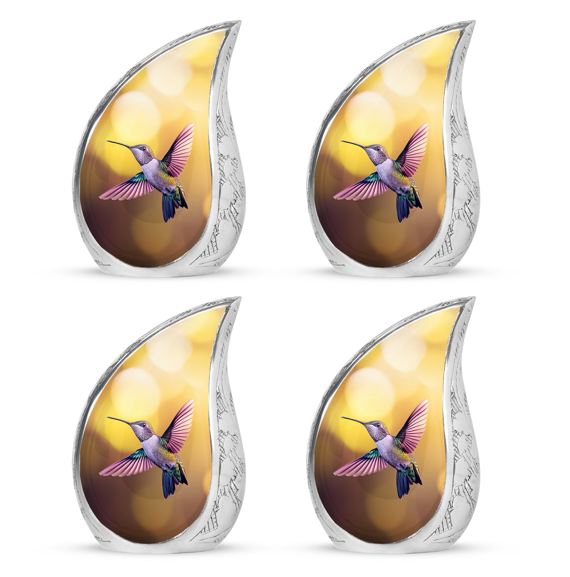 Amber Gold Hummingbird Cremation Urn close-up of engraving and surface detail - flowing teardrop hummingbird silhouette on curved aluminum - 10 inch aluminum urn for cremated remains