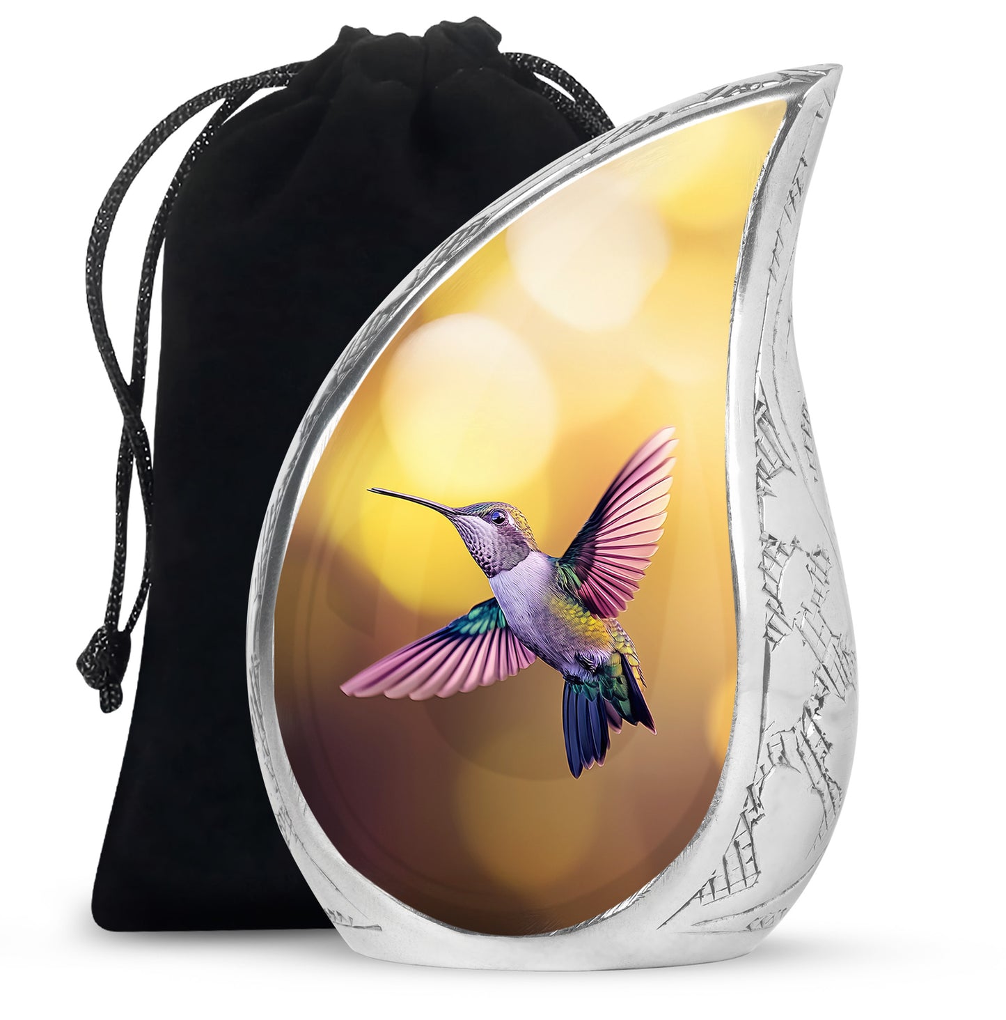 Harvest Gold Hummingbird Cremation Urn front view showing detailed design - graceful tear-shaped urn with hummingbird motif - full-size 10 inch 200 cubic inch adult cremation urn