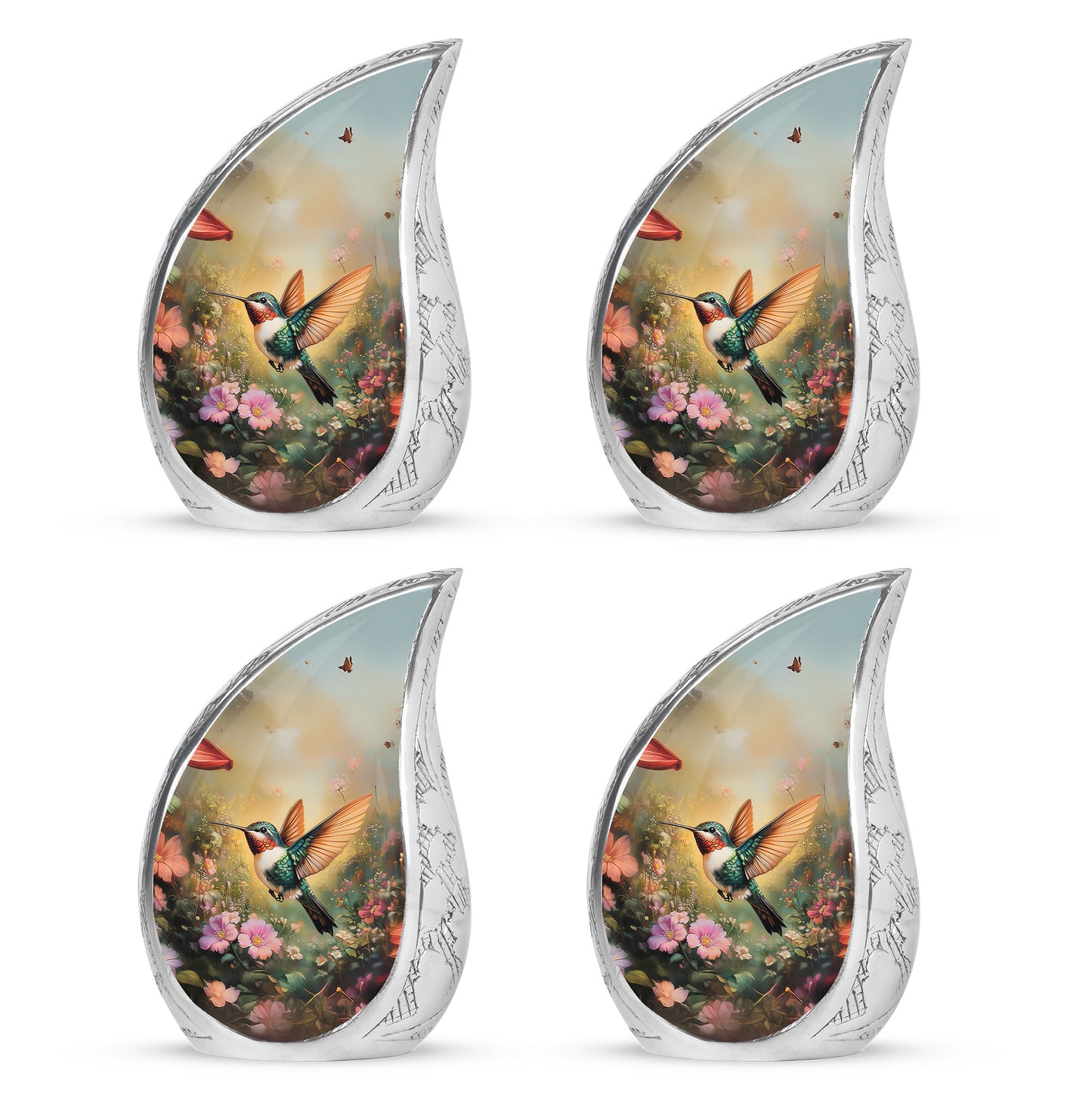 Gilded Gold Hummingbird Cremation Urn close-up of engraving and surface detail - flowing teardrop hummingbird silhouette on curved aluminum - 10 inch aluminum urn for cremated remains
