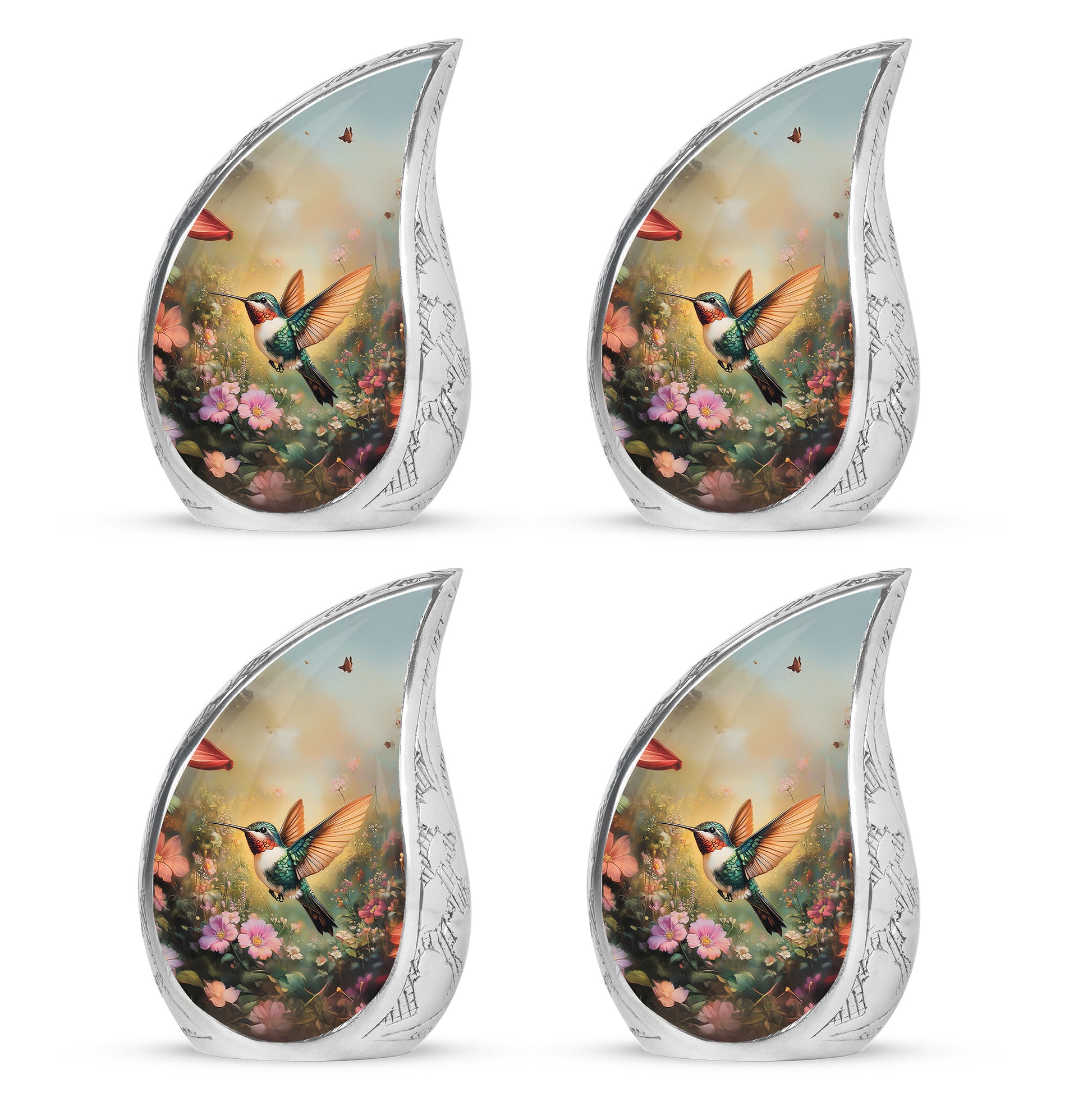 Gilded Gold Hummingbird Cremation Urn close-up of engraving and surface detail - flowing teardrop hummingbird silhouette on curved aluminum - 10 inch aluminum urn for cremated remains