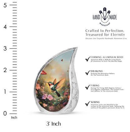 Burnished Gold Hummingbird Cremation Urn angled view of lid and engraved motif - smooth teardrop contour featuring hummingbird art - mini keepsake memorial for portion of cremation ashes