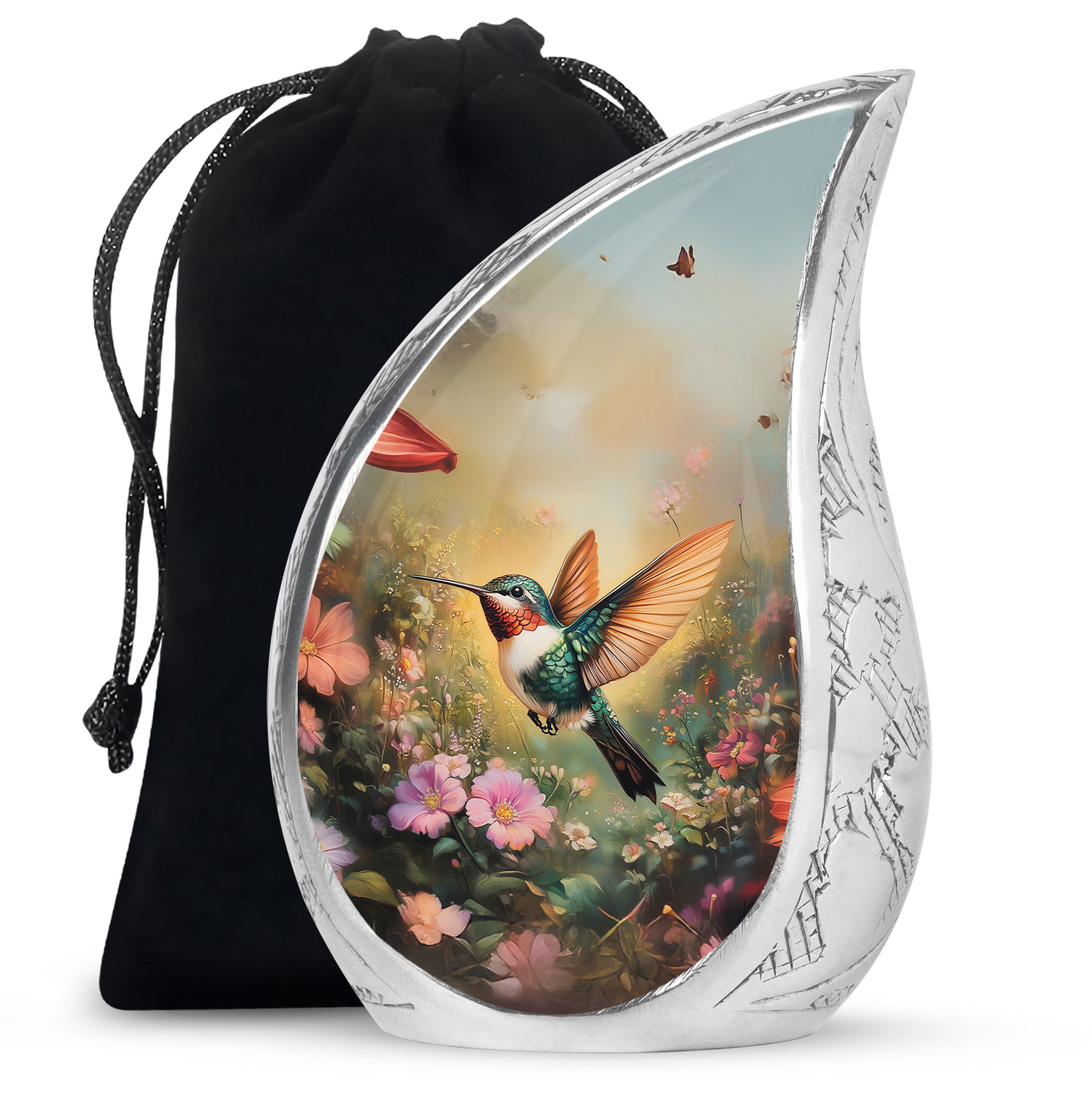 Royal Gold Hummingbird Cremation Urn front view showing detailed design - graceful tear-shaped urn with hummingbird motif - full-size 10 inch 200 cubic inch adult cremation urn