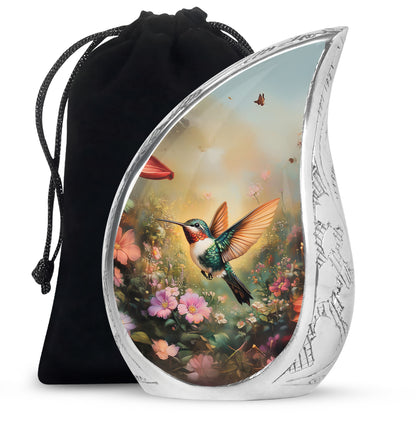 Royal Gold Hummingbird Cremation Urn front view showing detailed design - graceful tear-shaped urn with hummingbird motif - full-size 10 inch 200 cubic inch adult cremation urn
