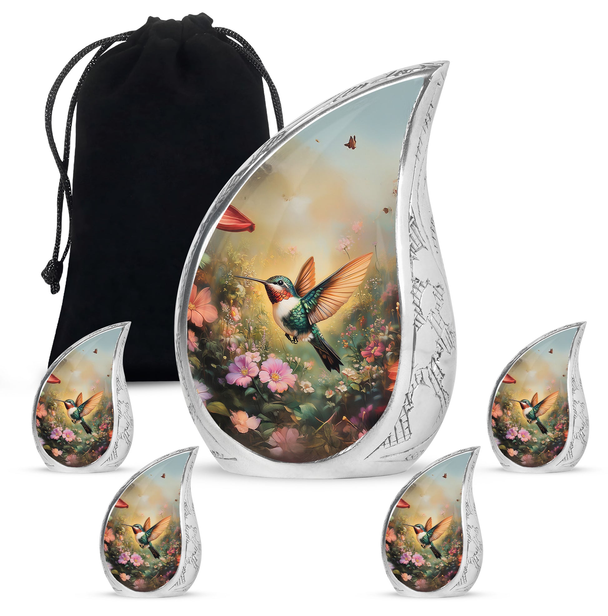 Antique Gold Hummingbird Cremation Urn side profile showing urn shape - flowing teardrop hummingbird silhouette on curved aluminum - memorial set with one large and four small urns