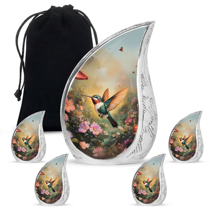 Antique Gold Hummingbird Cremation Urn side profile showing urn shape - flowing teardrop hummingbird silhouette on curved aluminum - memorial set with one large and four small urns