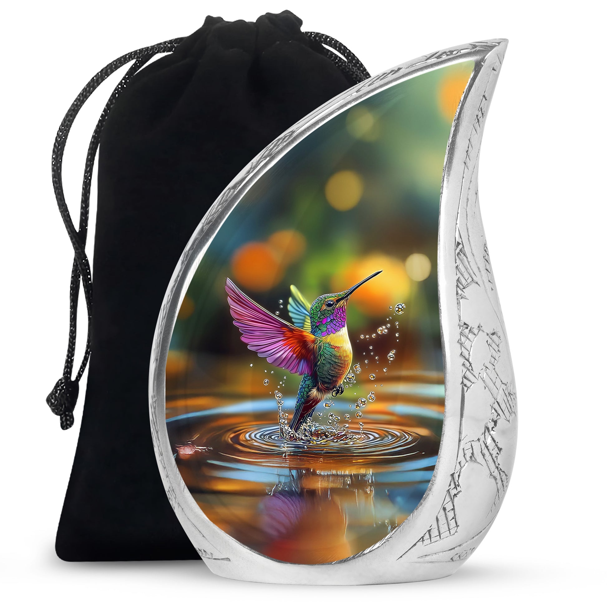 Pine Green Hummingbird Cremation Urn front view showing detailed design - smooth teardrop contour featuring hummingbird art - full-size 10 inch 200 cubic inch adult cremation urn