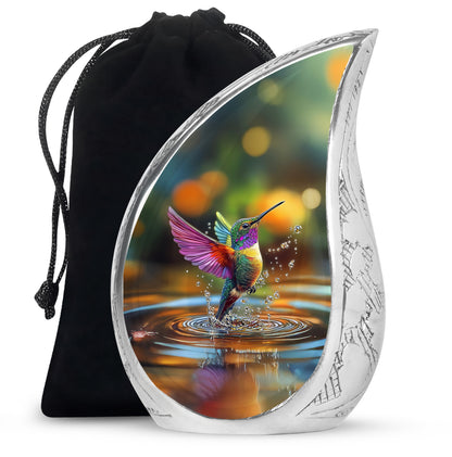 Pine Green Hummingbird Cremation Urn front view showing detailed design - smooth teardrop contour featuring hummingbird art - full-size 10 inch 200 cubic inch adult cremation urn
