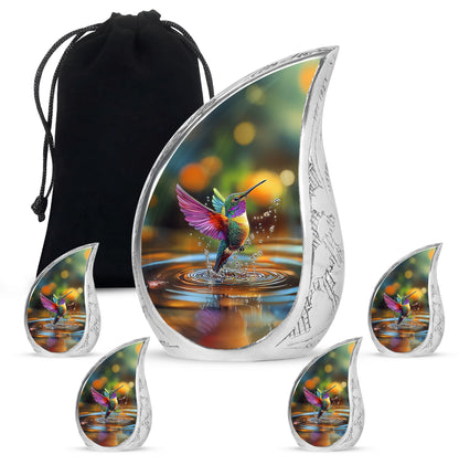 Forest Green Hummingbird Cremation Urn side profile showing urn shape - smooth teardrop contour featuring hummingbird art - memorial set with one large and four small urns