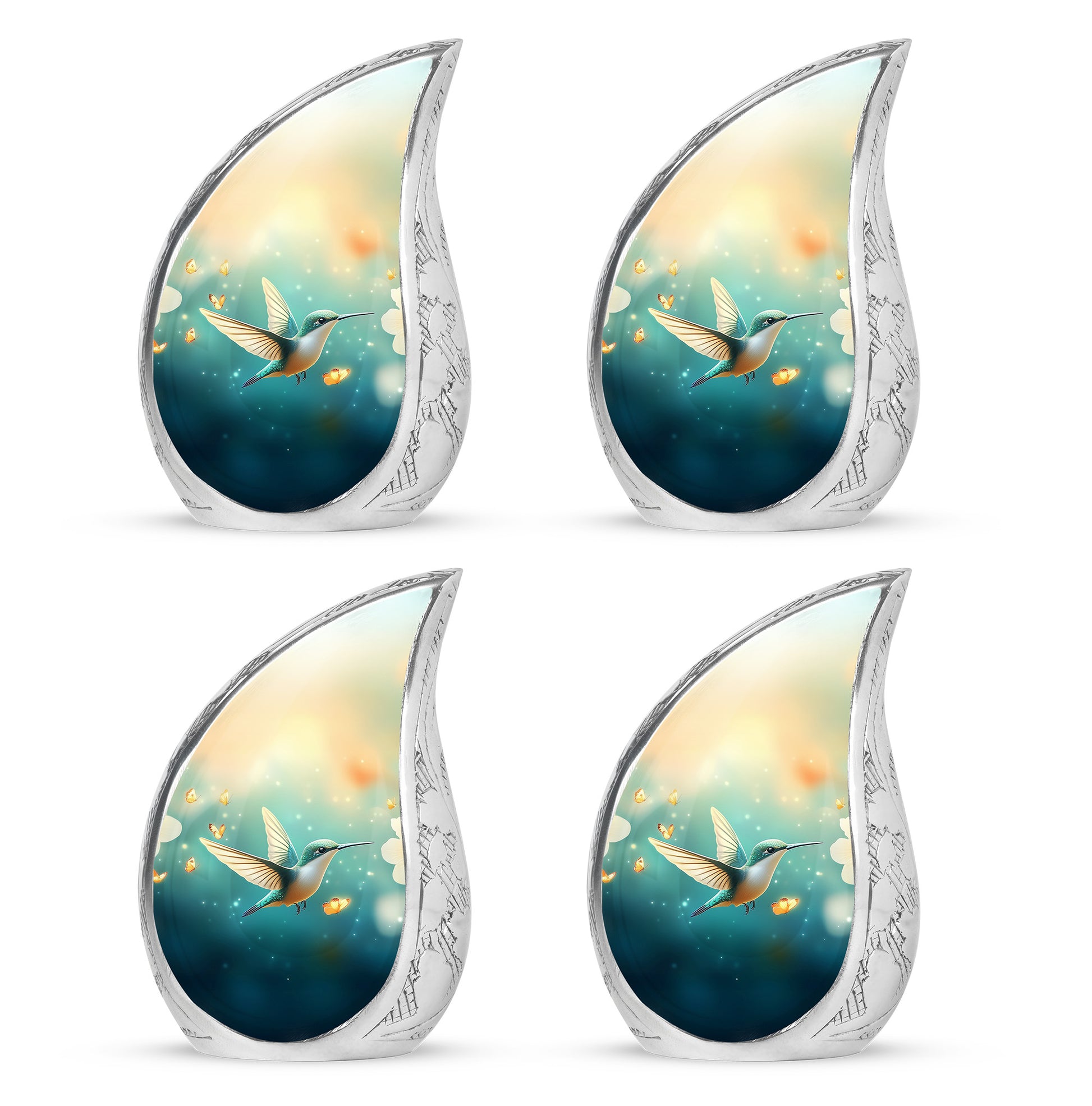 Ocean Teal Hummingbird Cremation Urn close-up of engraving and surface detail - rounded teardrop hummingbird design with delicate detail - 10 inch aluminum urn for cremated remains