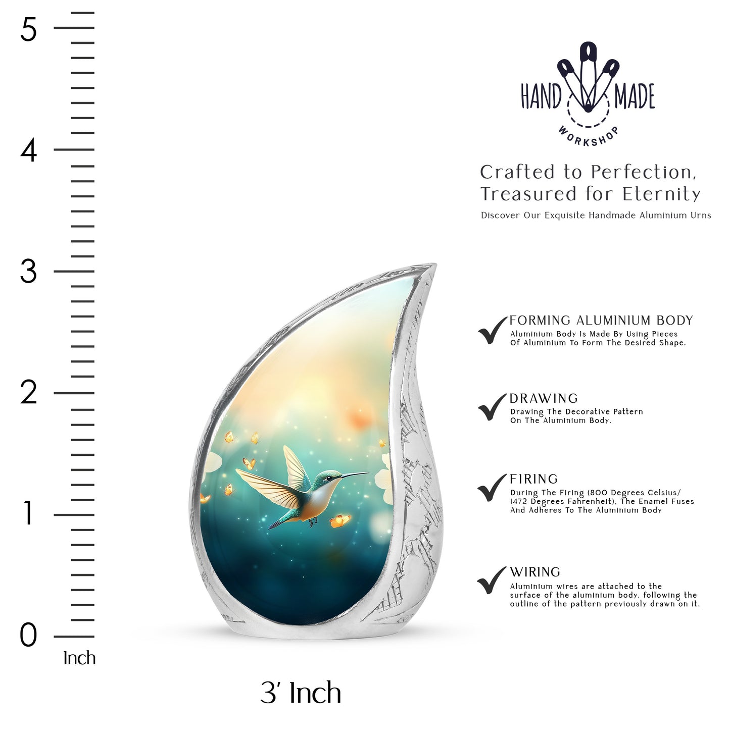 Sea Green Teal Hummingbird Cremation Urn angled view of lid and engraved motif - flowing teardrop hummingbird silhouette on curved aluminum - mini keepsake memorial for portion of cremation ashes