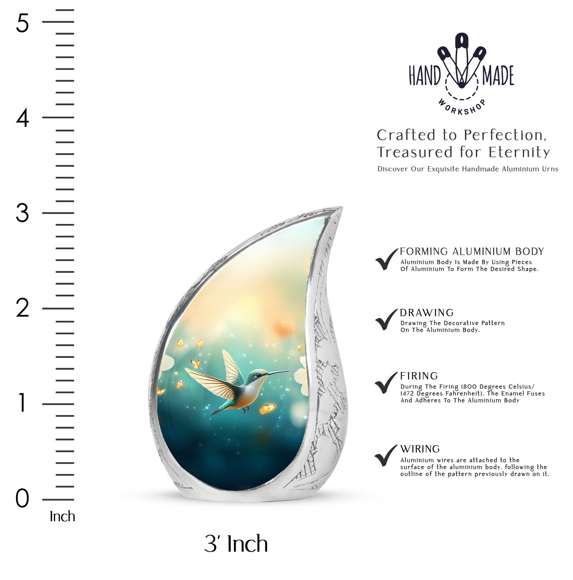 Sea Green Teal Hummingbird Cremation Urn angled view of lid and engraved motif - flowing teardrop hummingbird silhouette on curved aluminum - mini keepsake memorial for portion of cremation ashes