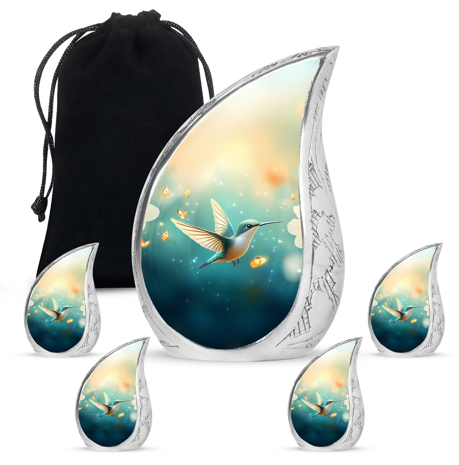 Soft Teal Hummingbird Cremation Urn side profile showing urn shape - flowing teardrop hummingbird silhouette on curved aluminum - memorial set with one large and four small urns