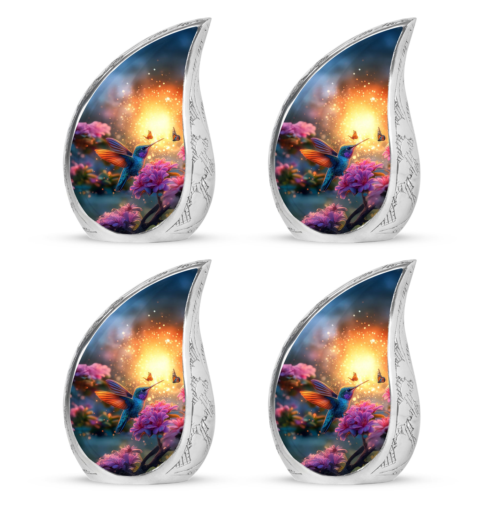 Royal Gold Hummingbird Cremation Urn close-up of engraving and surface detail - smooth teardrop contour featuring hummingbird art - 10 inch aluminum urn for cremated remains