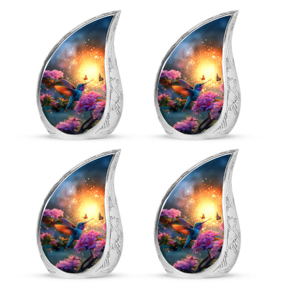 Royal Gold Hummingbird Cremation Urn close-up of engraving and surface detail - smooth teardrop contour featuring hummingbird art - 10 inch aluminum urn for cremated remains