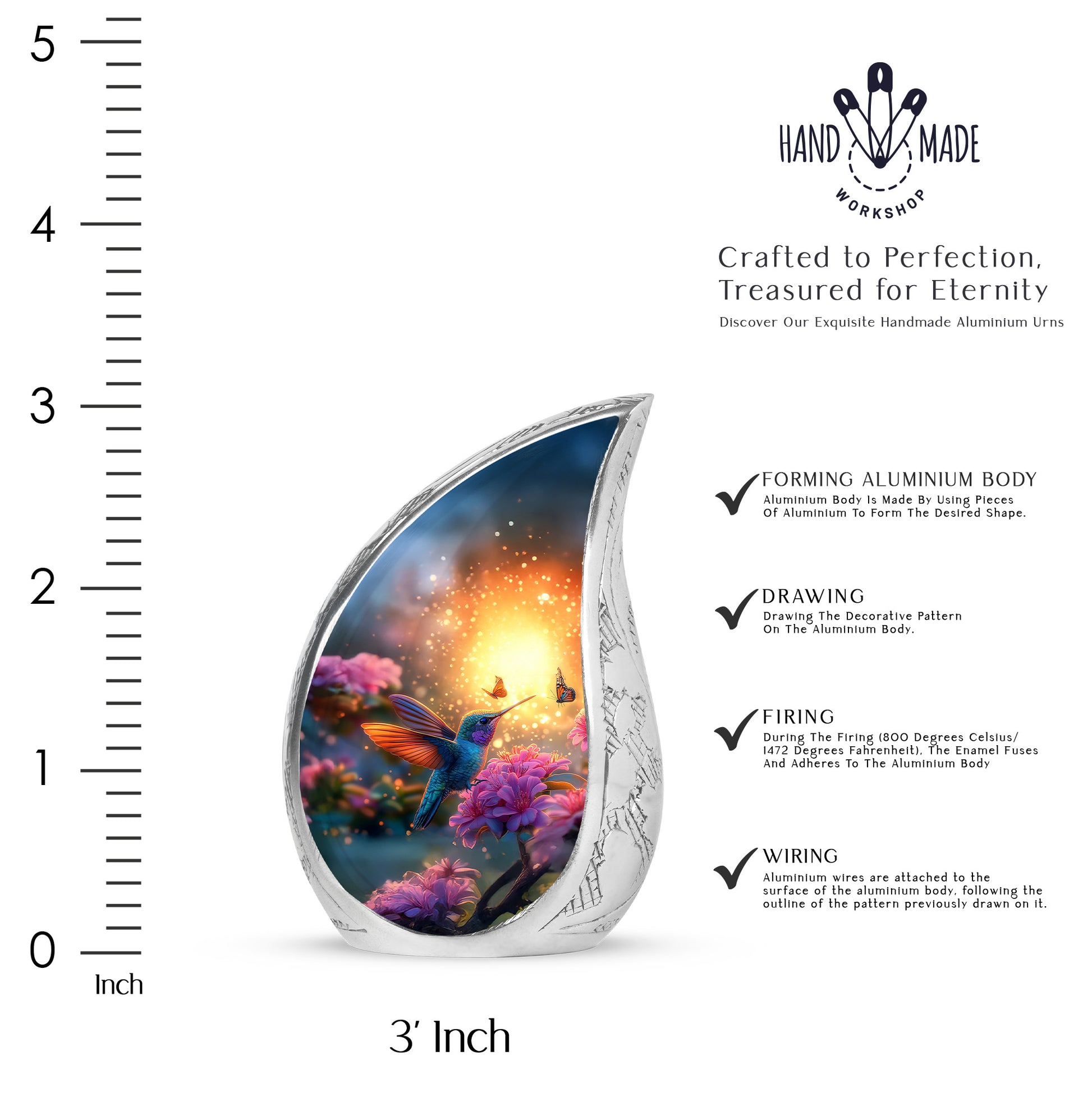 Burnished Gold Hummingbird Cremation Urn angled view of lid and engraved motif - graceful tear-shaped urn with hummingbird motif - mini keepsake memorial for portion of cremation ashes