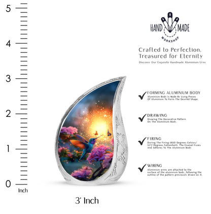 Burnished Gold Hummingbird Cremation Urn angled view of lid and engraved motif - graceful tear-shaped urn with hummingbird motif - mini keepsake memorial for portion of cremation ashes