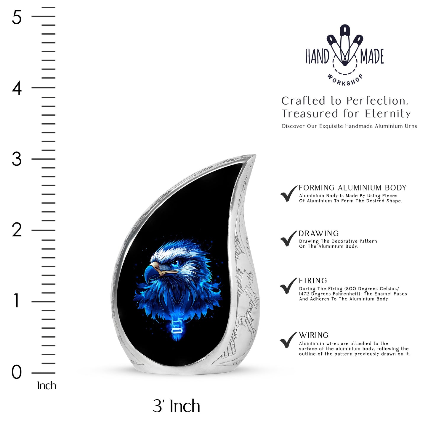 Ebony Eagle Cremation Urn angled view of lid and engraved motif - rounded teardrop eagle design with delicate detail - mini keepsake memorial for portion of cremation ashes