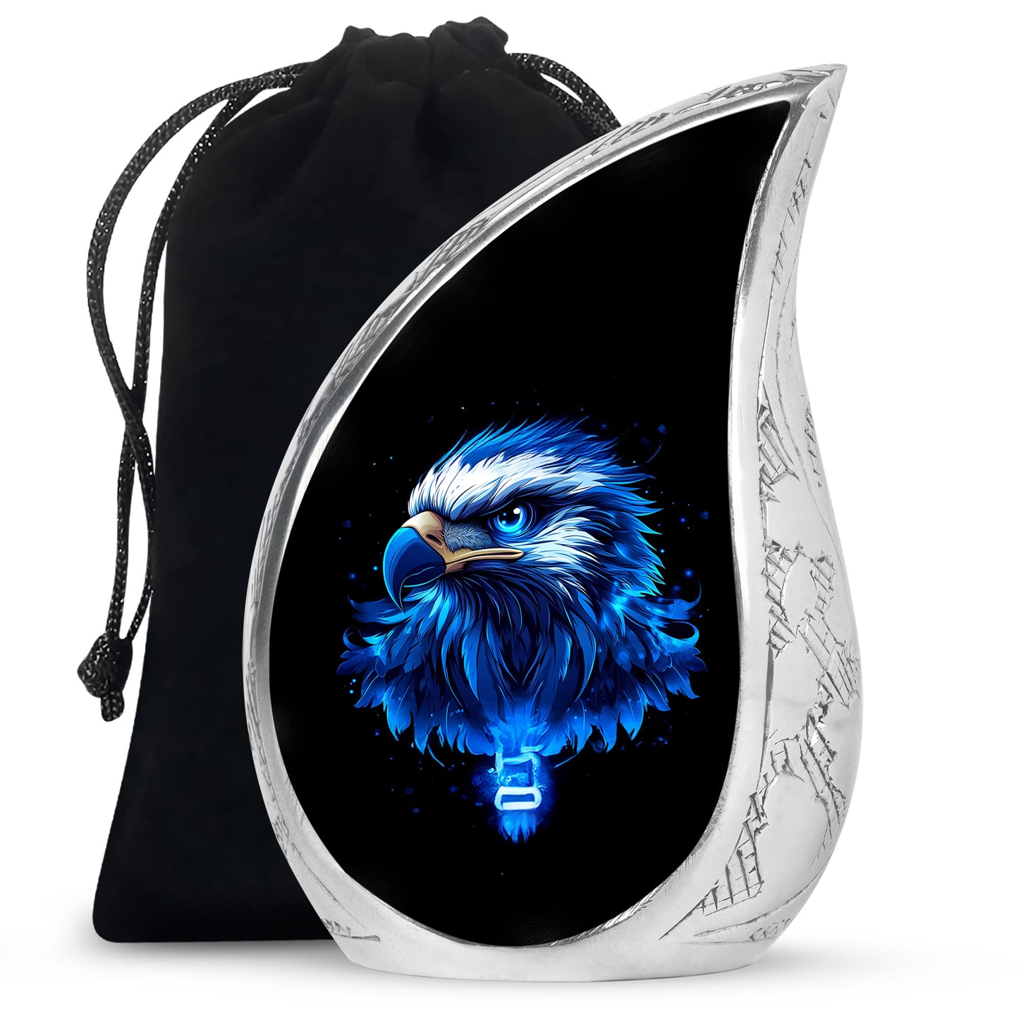 Jet Black Eagle Cremation Urn front view showing detailed design - flowing teardrop eagle silhouette on curved aluminum - full-size 10 inch 200 cubic inch adult cremation urn