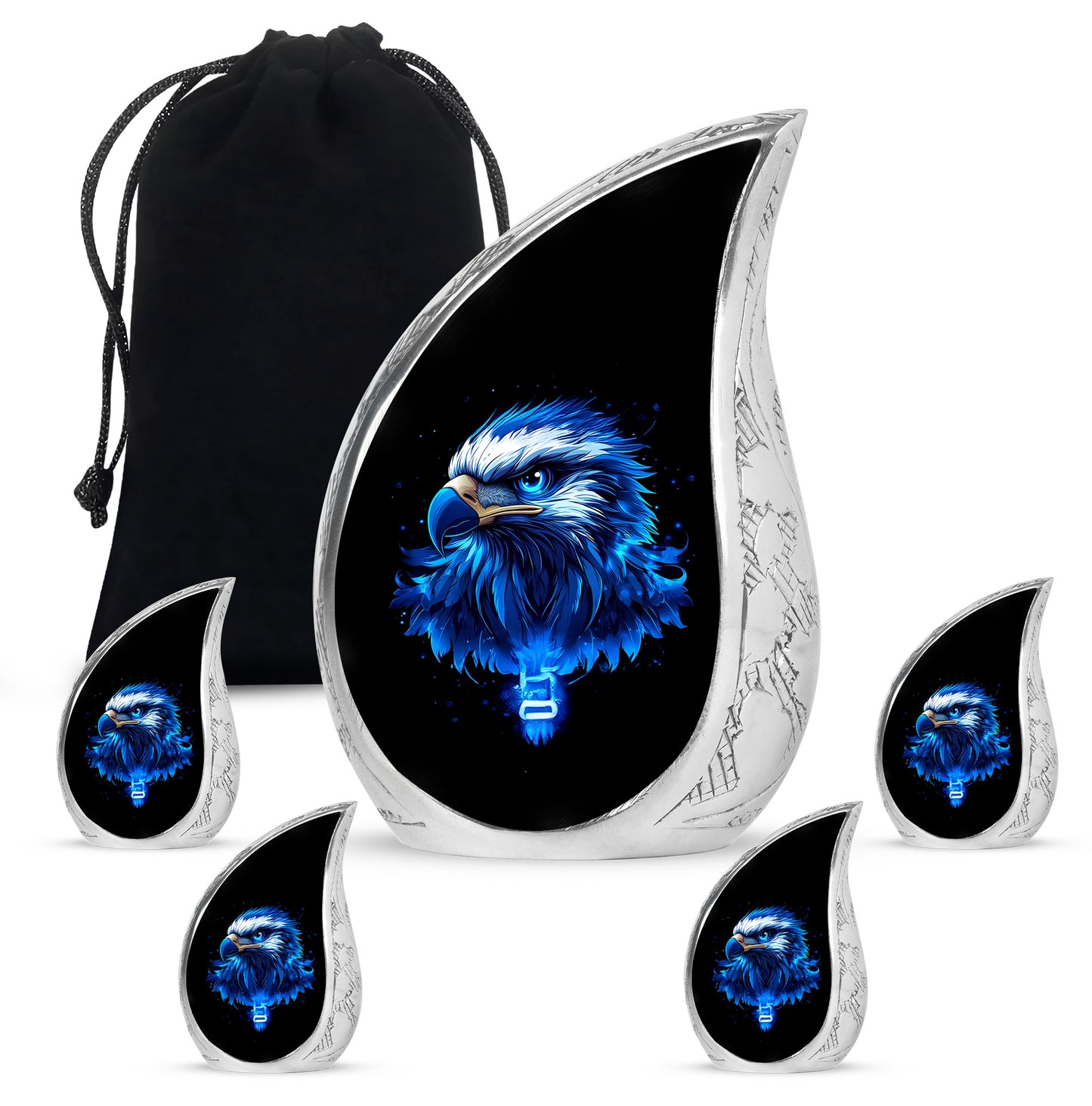 Dark Black Eagle Cremation Urn side profile showing urn shape - smooth teardrop contour featuring eagle art - memorial set with one large and four small urns