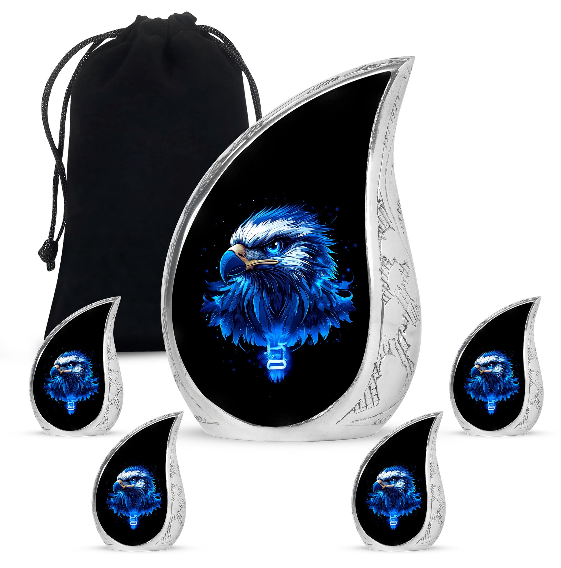 Dark Black Eagle Cremation Urn side profile showing urn shape - smooth teardrop contour featuring eagle art - memorial set with one large and four small urns