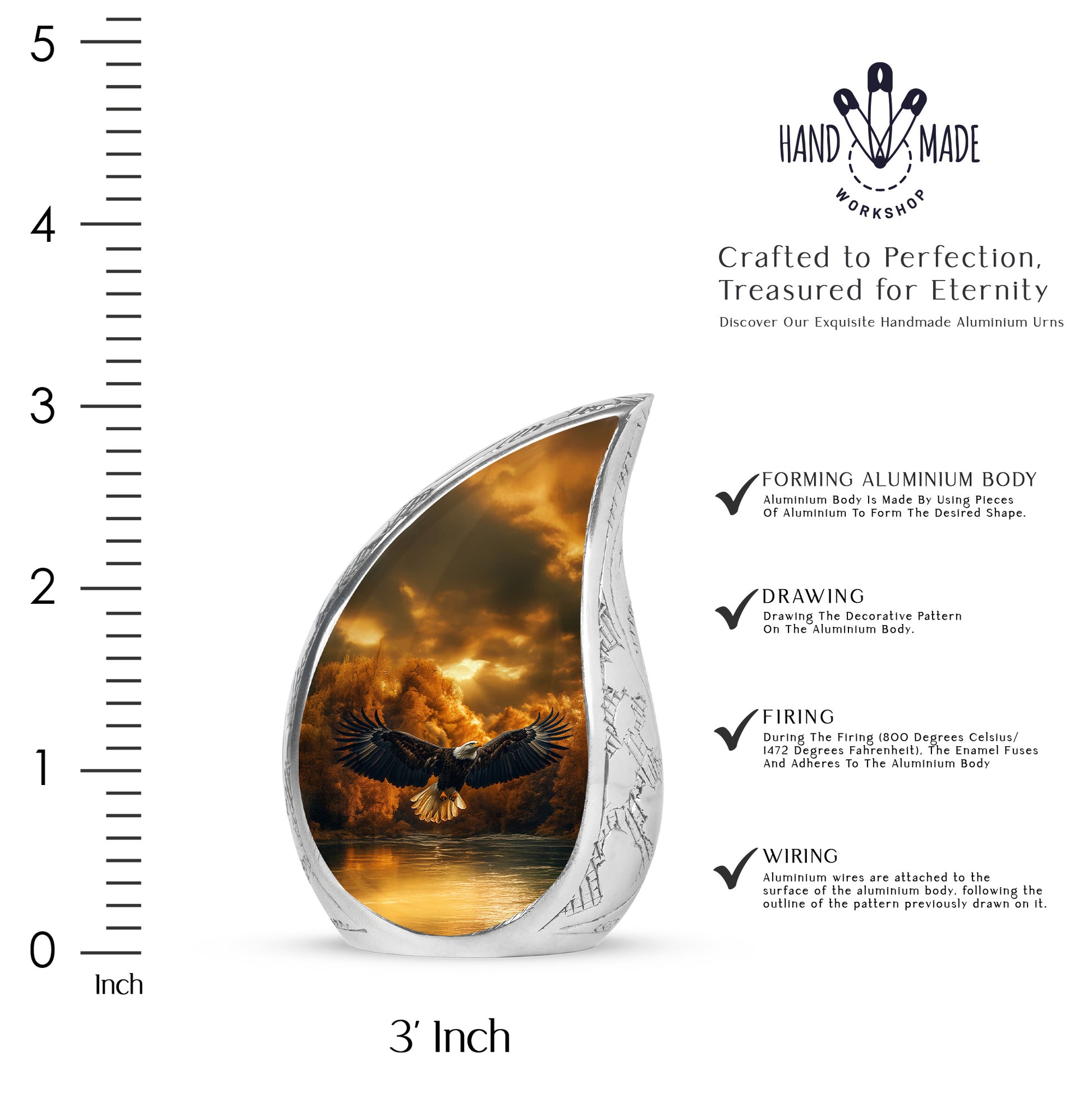 Burnished Gold Eagle Cremation Urn angled view of lid and engraved motif - smooth teardrop contour featuring eagle art - mini keepsake memorial for portion of cremation ashes