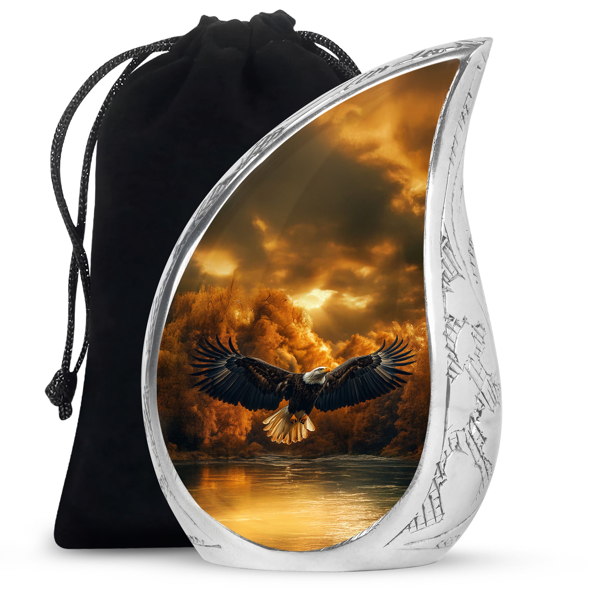 Antique Gold Eagle Cremation Urn front view showing detailed design - flowing teardrop eagle silhouette on curved aluminum - full-size 10 inch 200 cubic inch adult cremation urn