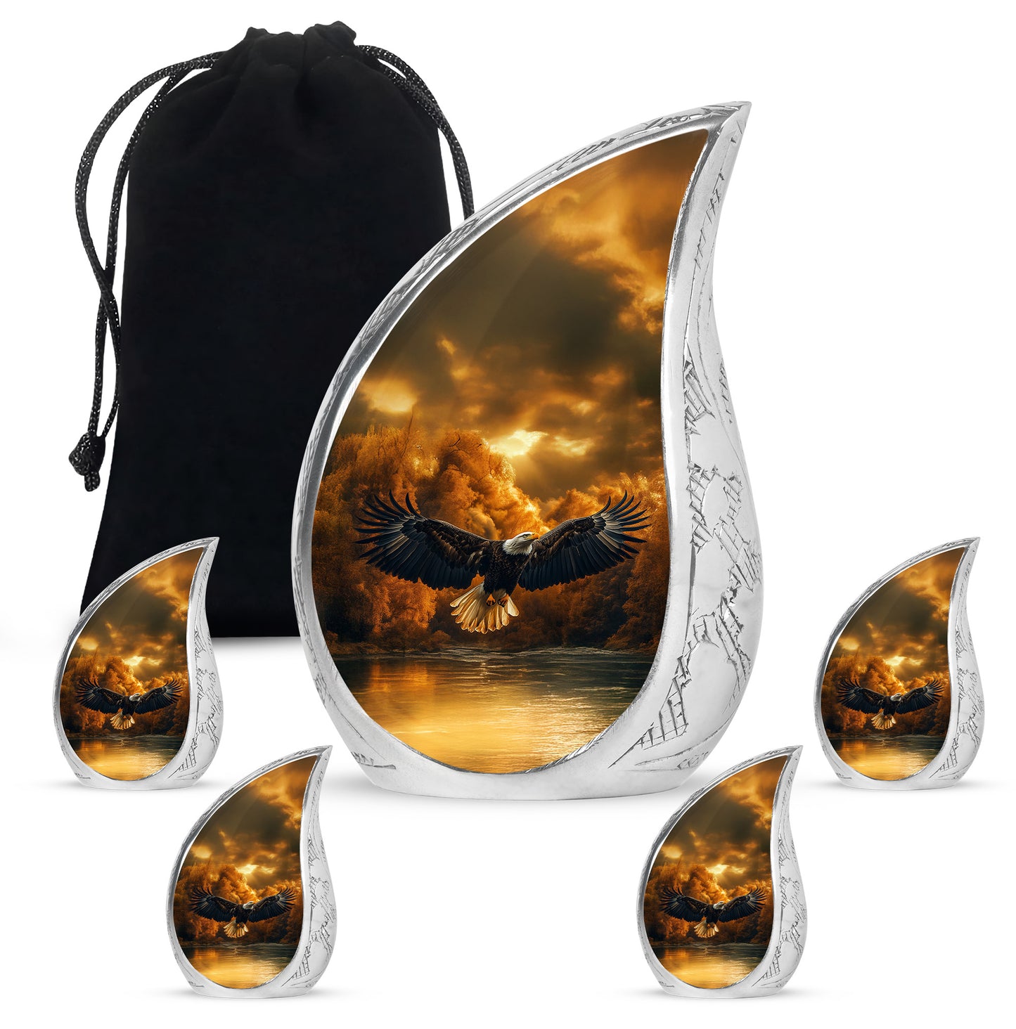 Antique Gold Eagle Cremation Urn side profile showing urn shape - flowing teardrop eagle silhouette on curved aluminum - memorial set with one large and four small urns
