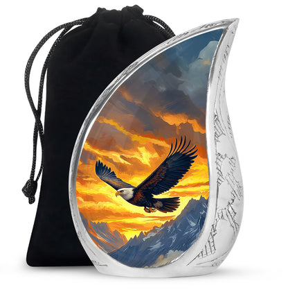 Antique Gold Eagle Cremation Urn front view showing detailed design - flowing teardrop eagle silhouette on curved aluminum - full-size 10 inch 200 cubic inch adult cremation urn