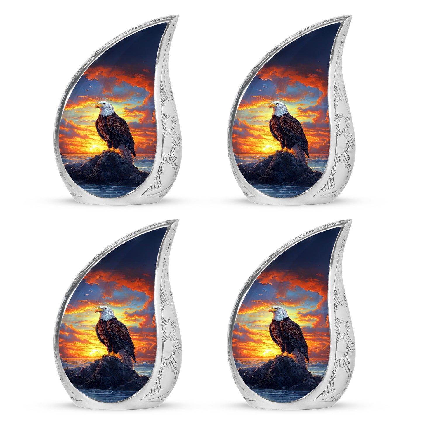 Cornflower Blue Eagle Cremation Urn close-up of engraving and surface detail - smooth teardrop contour featuring eagle art - 10 inch aluminum urn for cremated remains