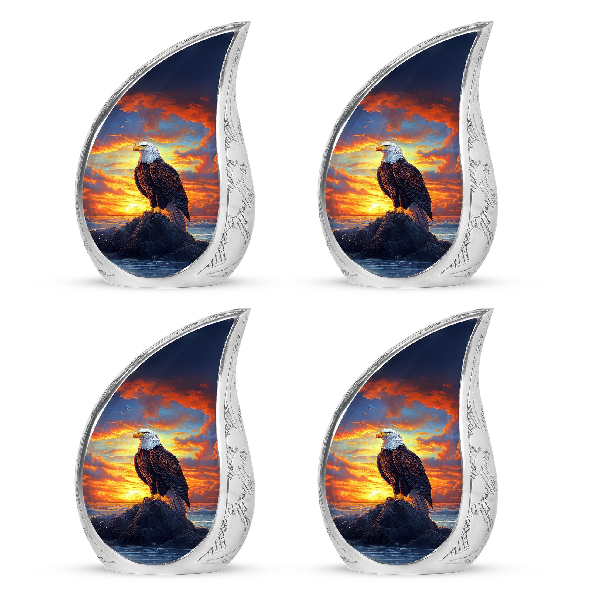 Cornflower Blue Eagle Cremation Urn close-up of engraving and surface detail - smooth teardrop contour featuring eagle art - 10 inch aluminum urn for cremated remains