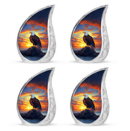 Cornflower Blue Eagle Cremation Urn close-up of engraving and surface detail - smooth teardrop contour featuring eagle art - 10 inch aluminum urn for cremated remains