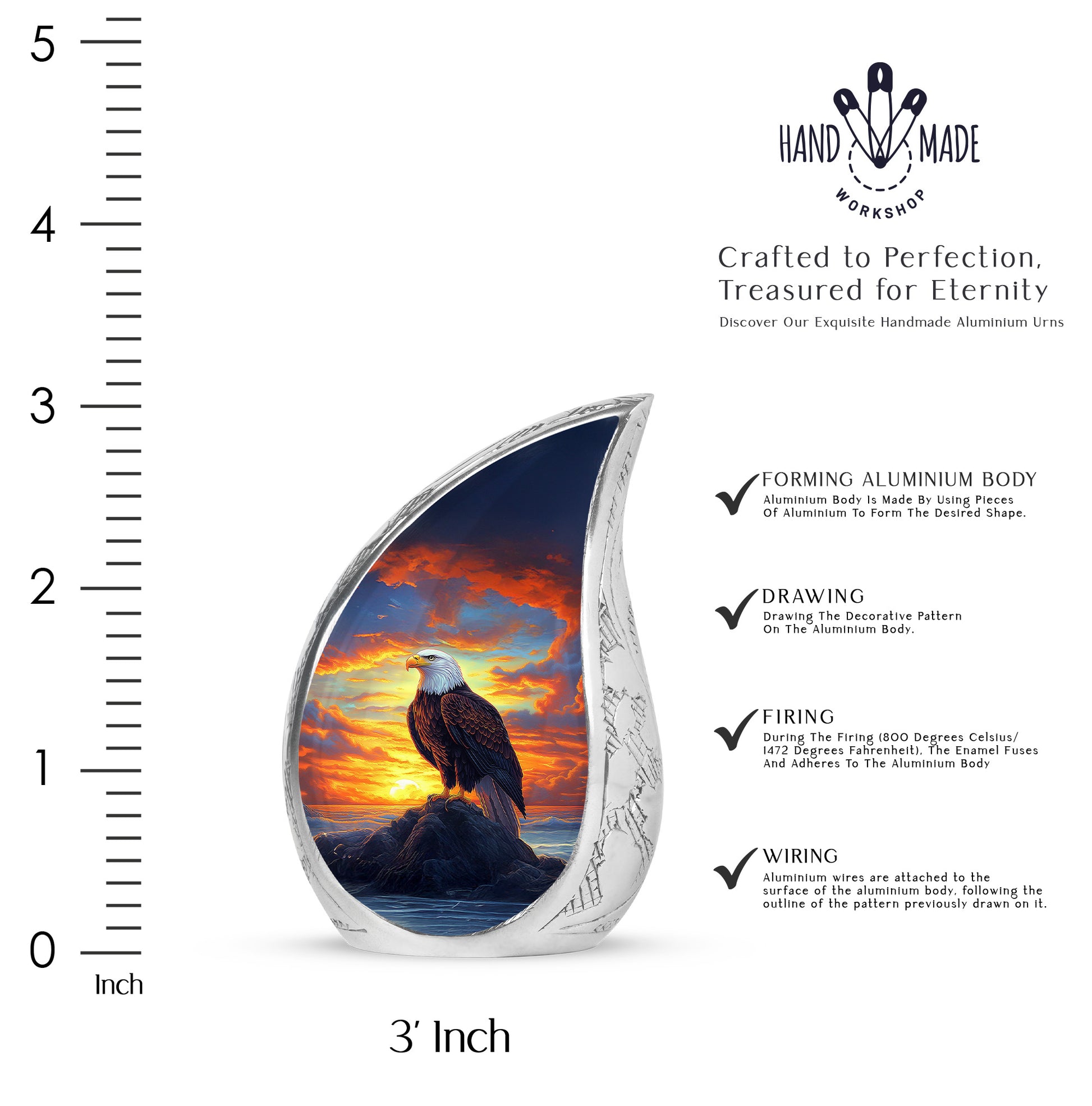 Bright Blue Eagle Cremation Urn angled view of lid and engraved motif - graceful tear-shaped urn with eagle motif - mini keepsake memorial for portion of cremation ashes