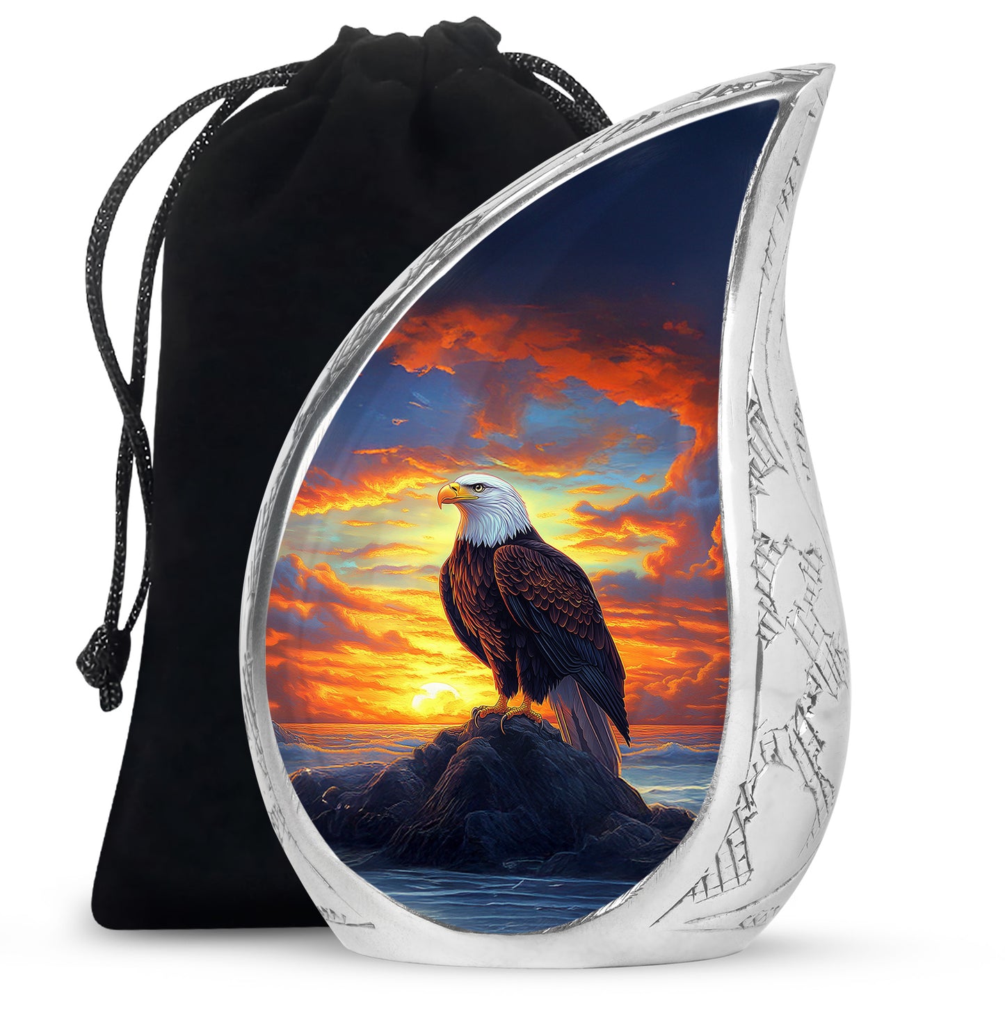 Cornflower Blue Eagle Cremation Urn front view showing detailed design - graceful tear-shaped urn with eagle motif - full-size 10 inch 200 cubic inch adult cremation urn