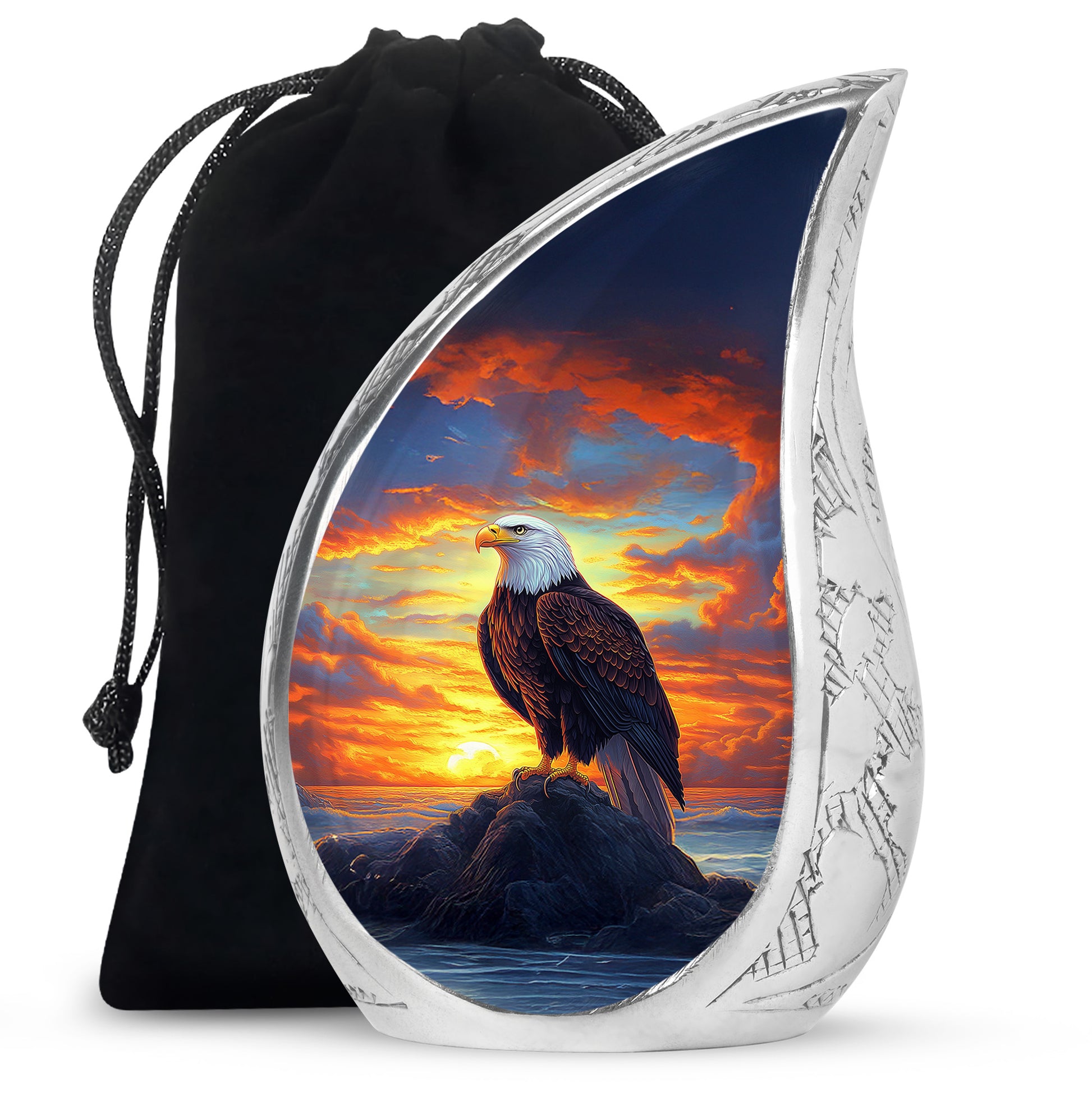 Cornflower Blue Eagle Cremation Urn front view showing detailed design - graceful tear-shaped urn with eagle motif - full-size 10 inch 200 cubic inch adult cremation urn