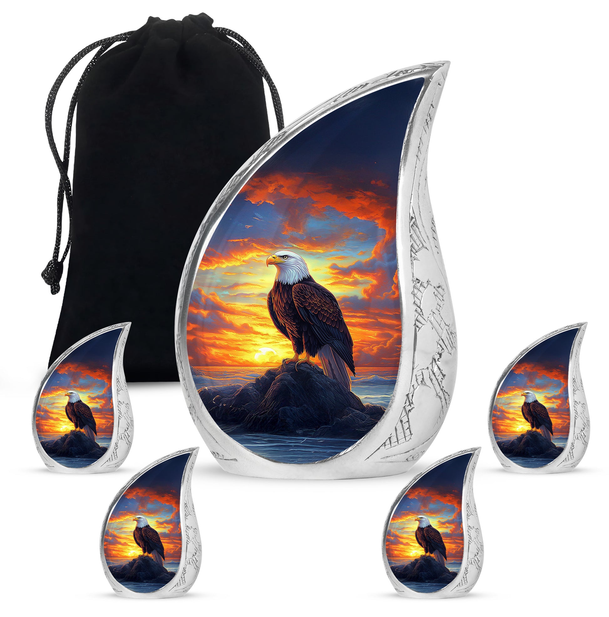 Azure Eagle Cremation Urn side profile showing urn shape - rounded teardrop eagle design with delicate detail - memorial set with one large and four small urns