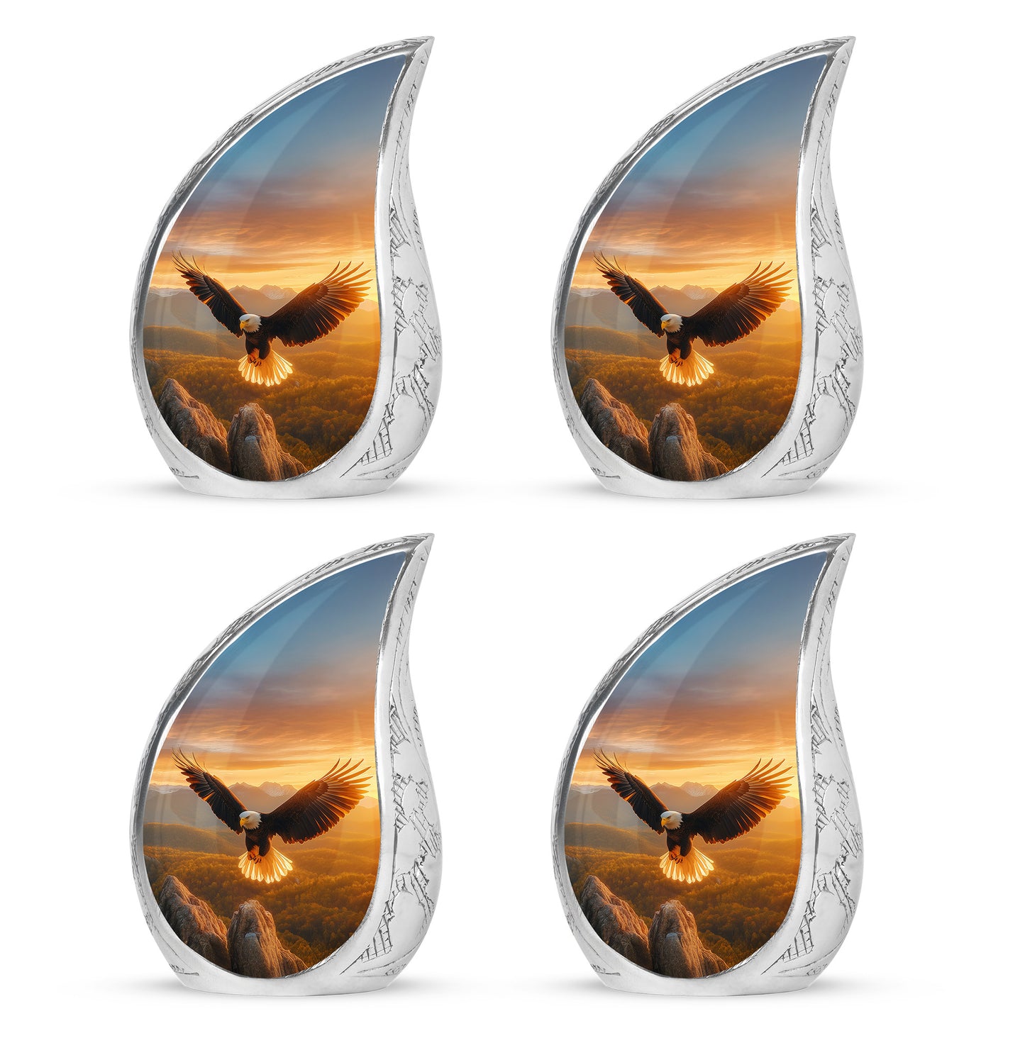 Champagne Gold Eagle Cremation Urn close-up of engraving and surface detail - flowing teardrop eagle silhouette on curved aluminum - 10 inch aluminum urn for cremated remains