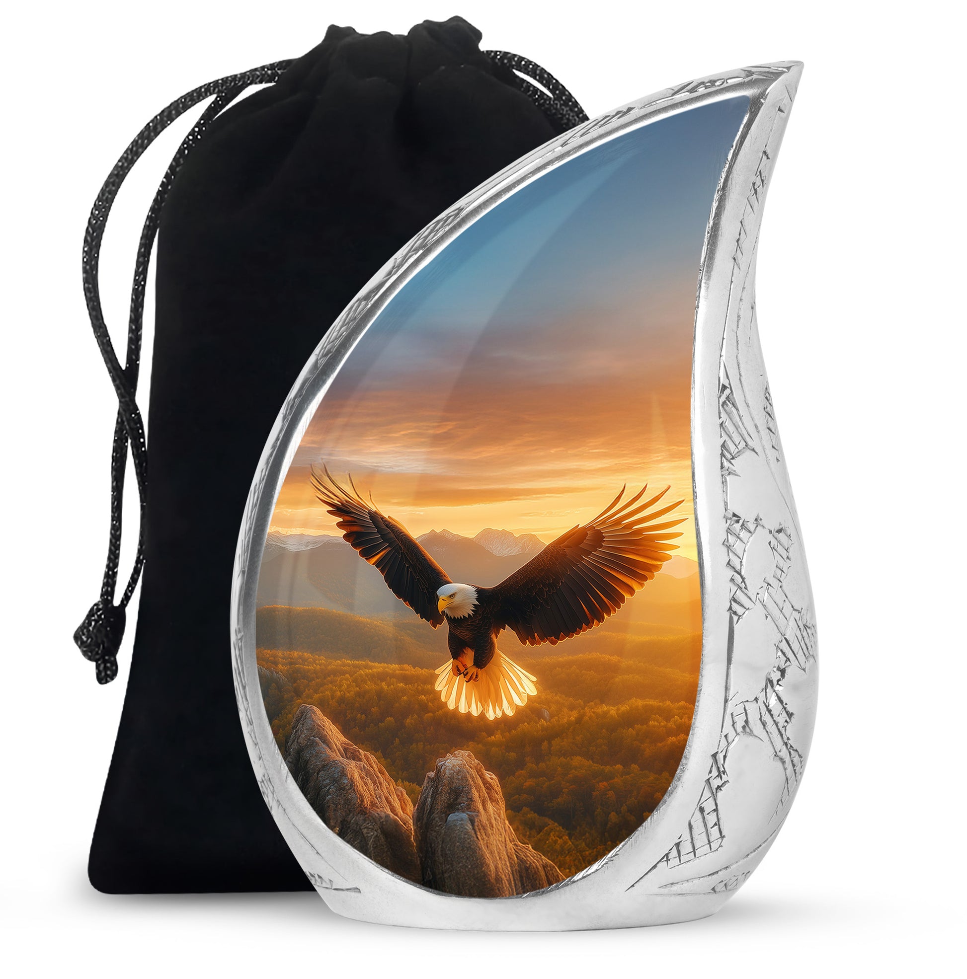 Antique Gold Eagle Cremation Urn front view showing detailed design - rounded teardrop eagle design with delicate detail - full-size 10 inch 200 cubic inch adult cremation urn