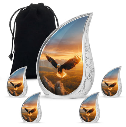 Harvest Gold Eagle Cremation Urn side profile showing urn shape - graceful tear-shaped urn with eagle motif - memorial set with one large and four small urns