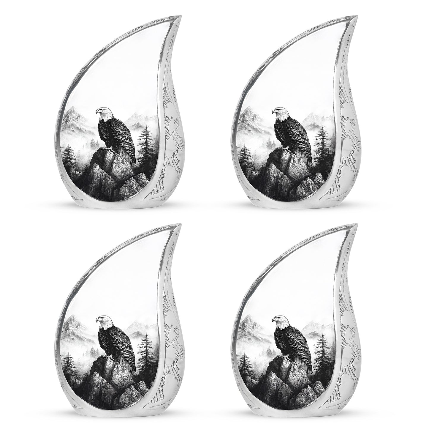 Gleaming Silver Eagle Cremation Urn close-up of engraving and surface detail - flowing teardrop eagle silhouette on curved aluminum - 10 inch aluminum urn for cremated remains