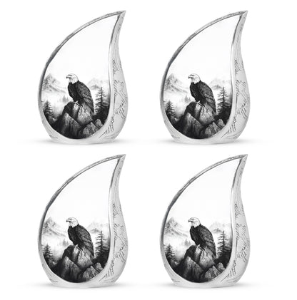 Gleaming Silver Eagle Cremation Urn close-up of engraving and surface detail - flowing teardrop eagle silhouette on curved aluminum - 10 inch aluminum urn for cremated remains