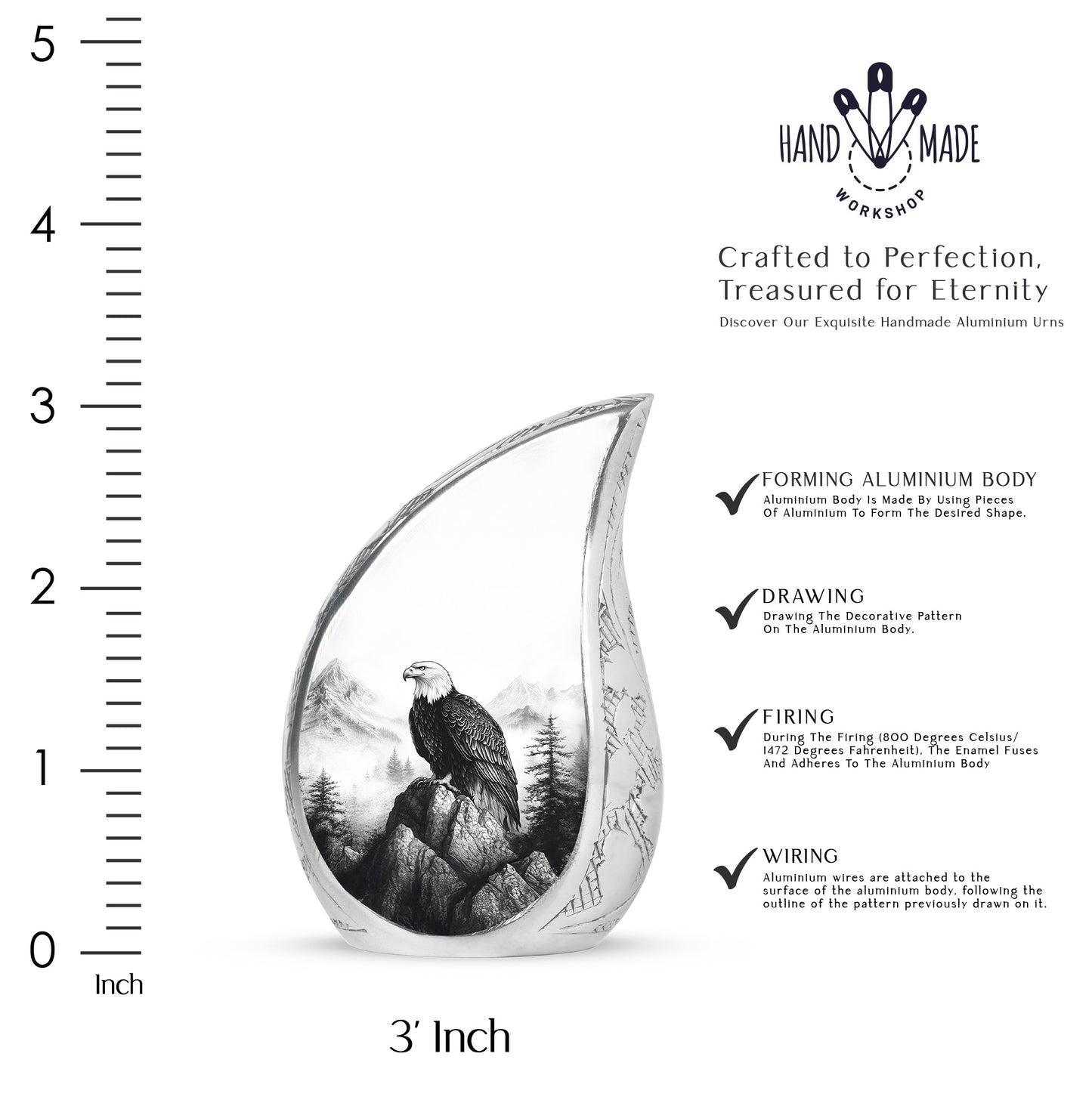 Gleaming Silver Eagle Cremation Urn angled view of lid and engraved motif - flowing teardrop eagle silhouette on curved aluminum - mini keepsake memorial for portion of cremation ashes