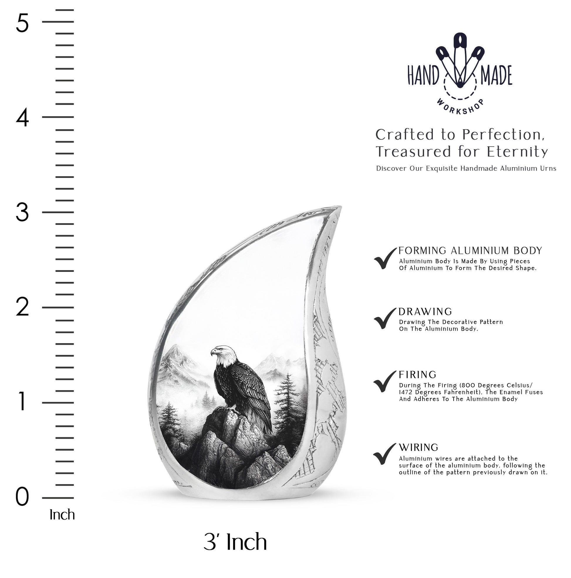 Gleaming Silver Eagle Cremation Urn angled view of lid and engraved motif - flowing teardrop eagle silhouette on curved aluminum - mini keepsake memorial for portion of cremation ashes