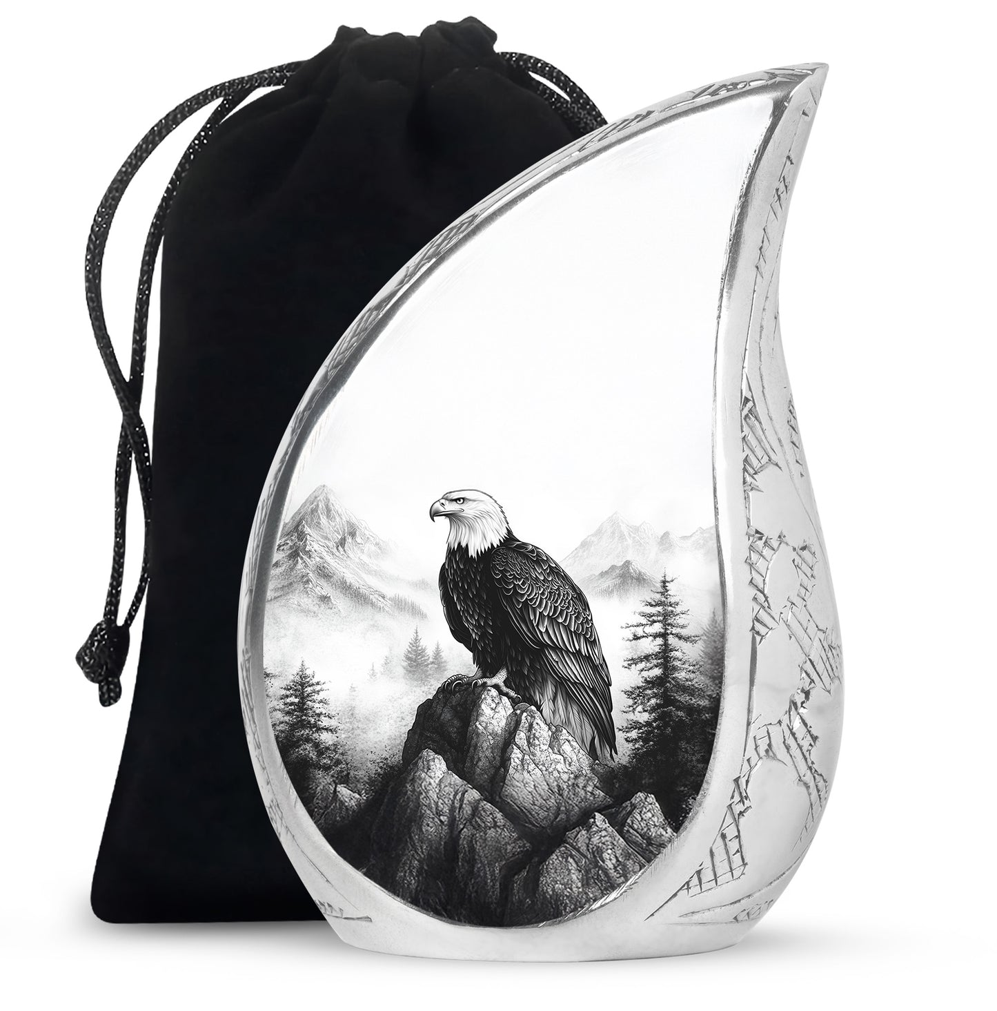 Satin Silver Eagle Cremation Urn front view showing detailed design - rounded teardrop eagle design with delicate detail - full-size 10 inch 200 cubic inch adult cremation urn