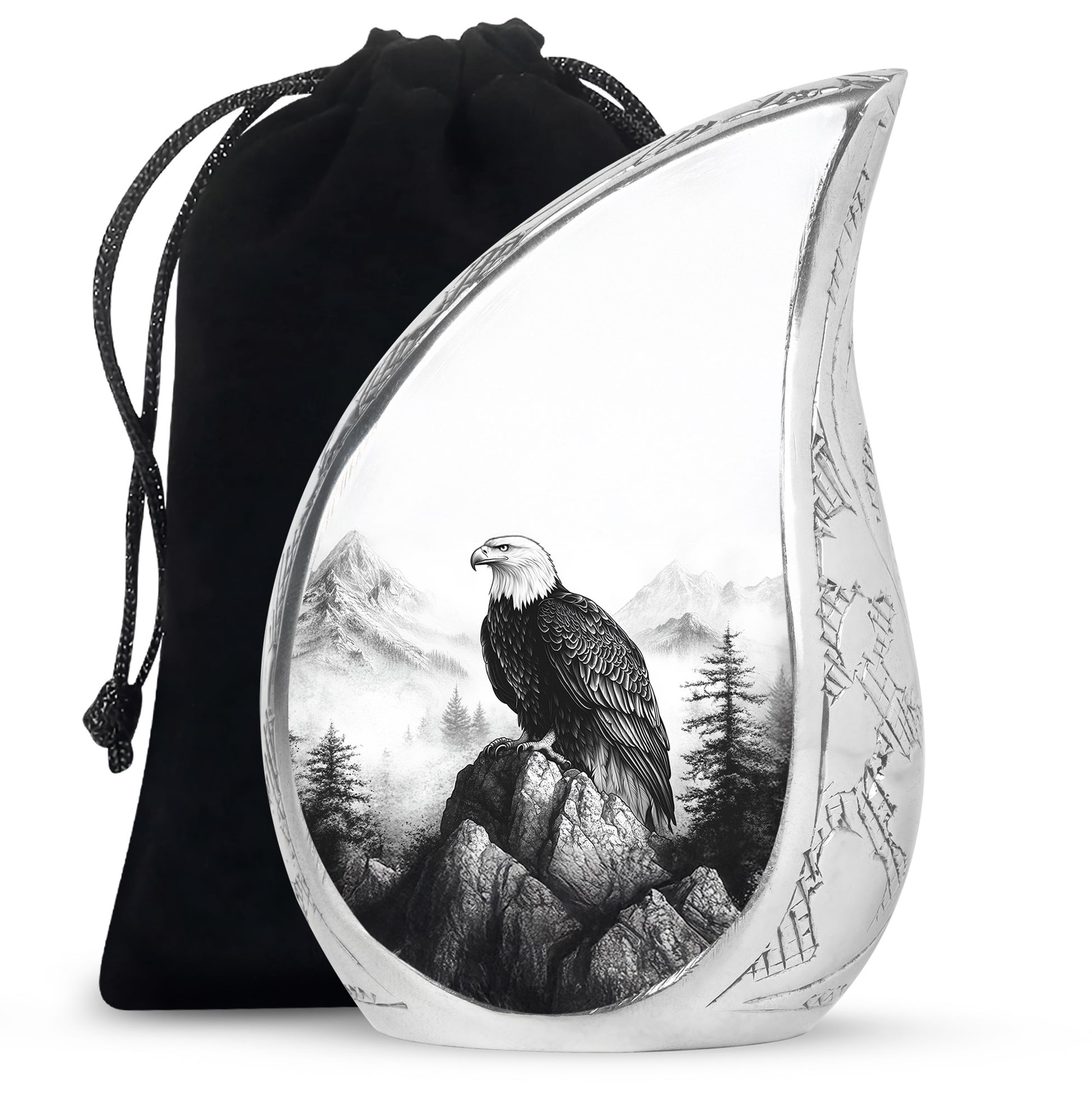 Satin Silver Eagle Cremation Urn front view showing detailed design - rounded teardrop eagle design with delicate detail - full-size 10 inch 200 cubic inch adult cremation urn