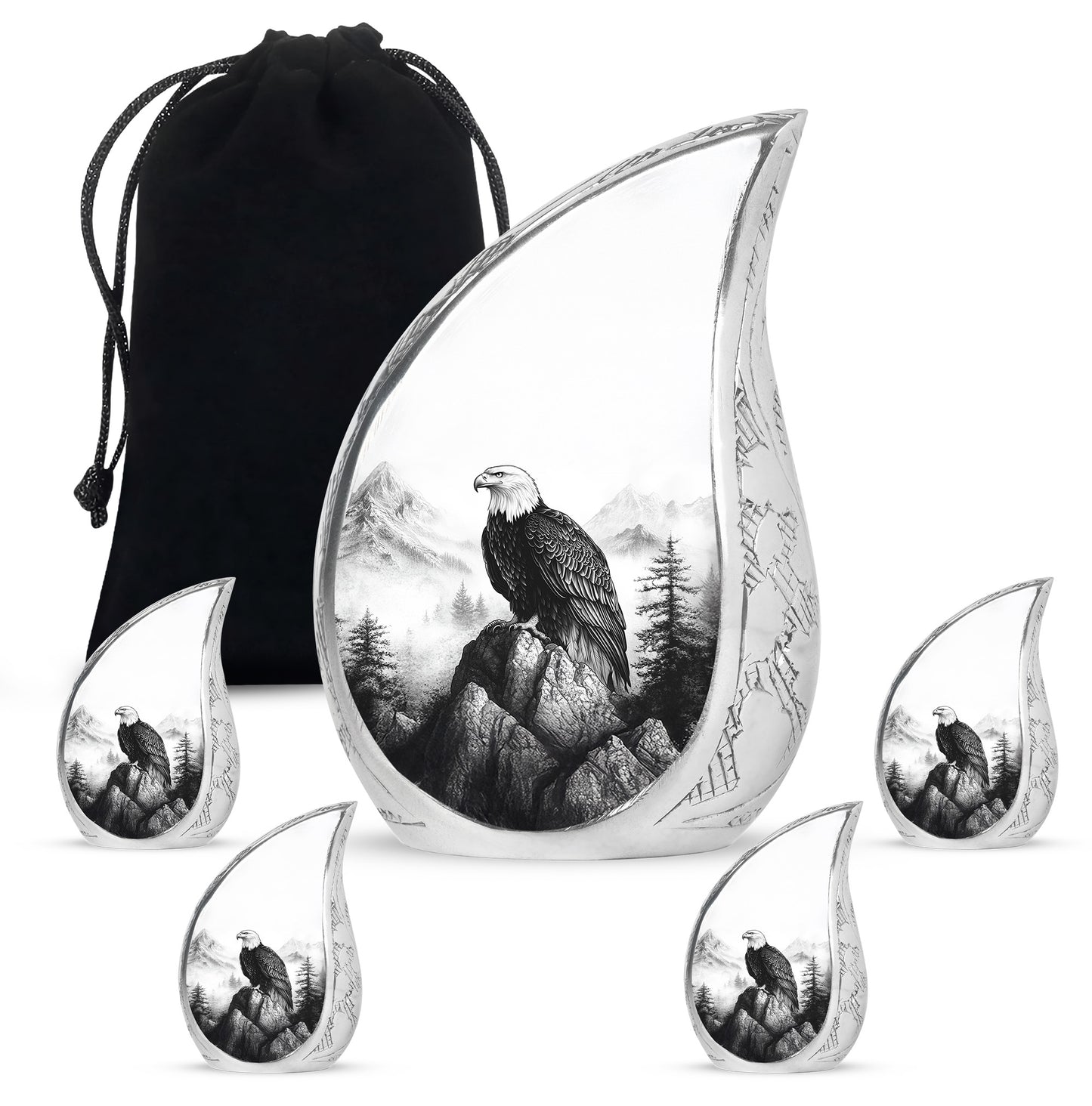 Sterling Silver Eagle Cremation Urn side profile showing urn shape - flowing teardrop eagle silhouette on curved aluminum - memorial set with one large and four small urns