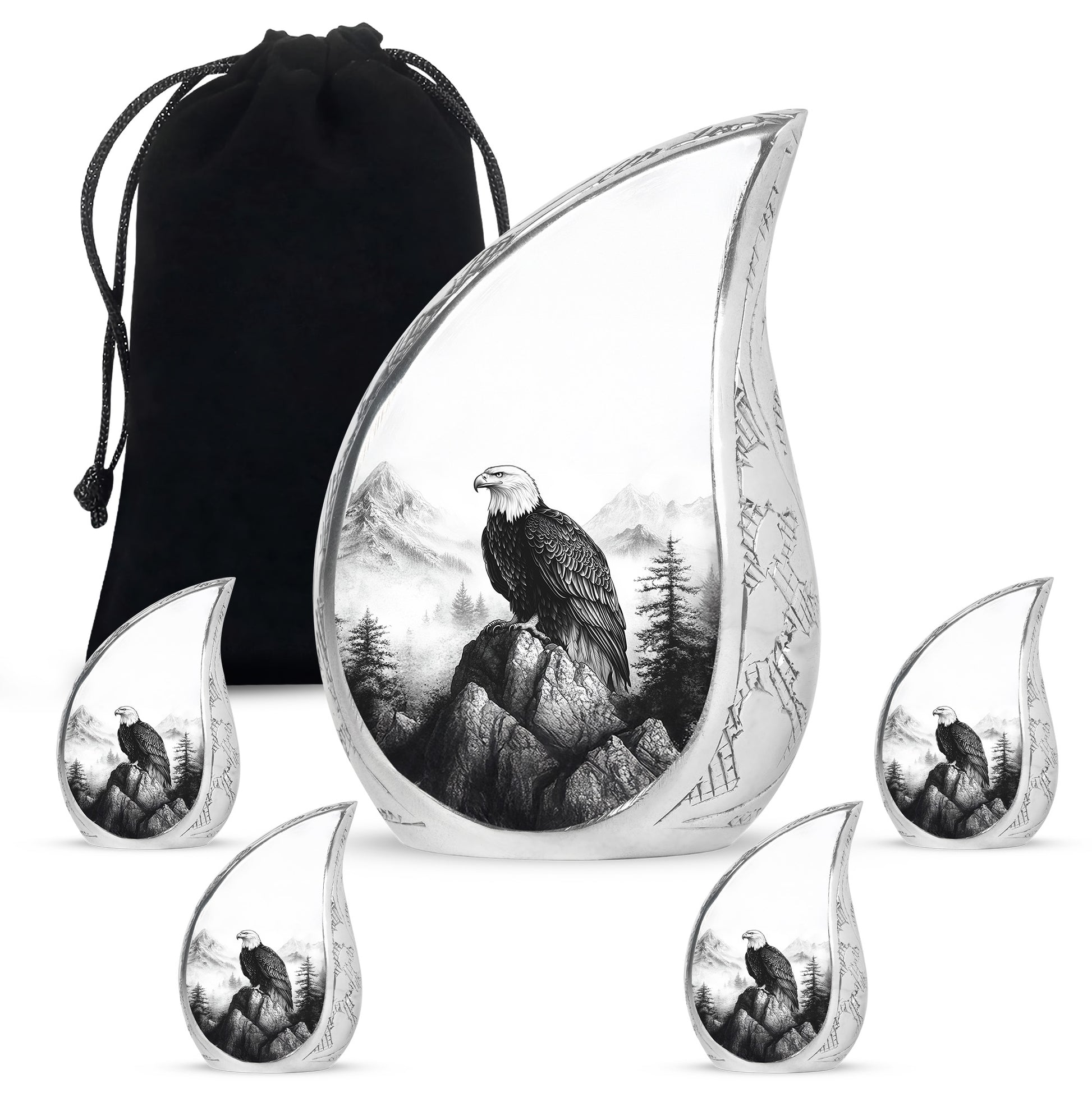 Sterling Silver Eagle Cremation Urn side profile showing urn shape - flowing teardrop eagle silhouette on curved aluminum - memorial set with one large and four small urns