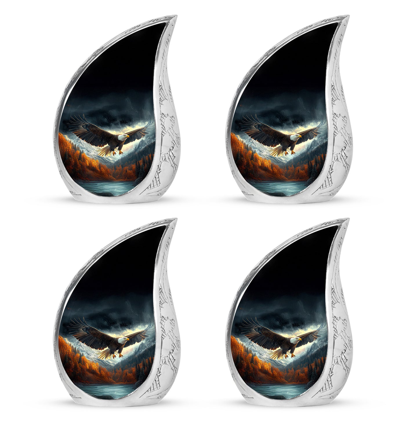 Onyx Black Eagle Cremation Urn close-up of engraving and surface detail - graceful tear-shaped urn with eagle motif - 10 inch aluminum urn for cremated remains
