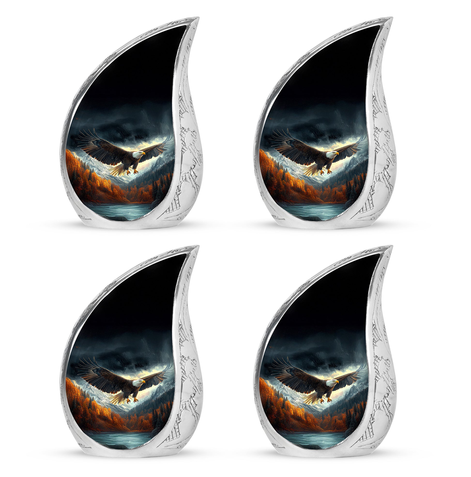 Onyx Black Eagle Cremation Urn close-up of engraving and surface detail - graceful tear-shaped urn with eagle motif - 10 inch aluminum urn for cremated remains