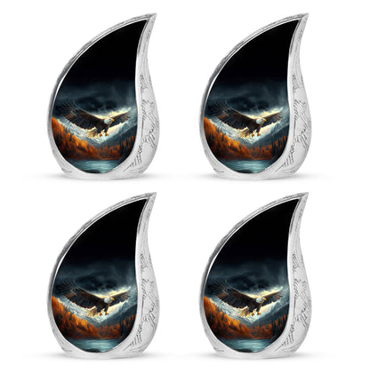 Onyx Black Eagle Cremation Urn close-up of engraving and surface detail - graceful tear-shaped urn with eagle motif - 10 inch aluminum urn for cremated remains